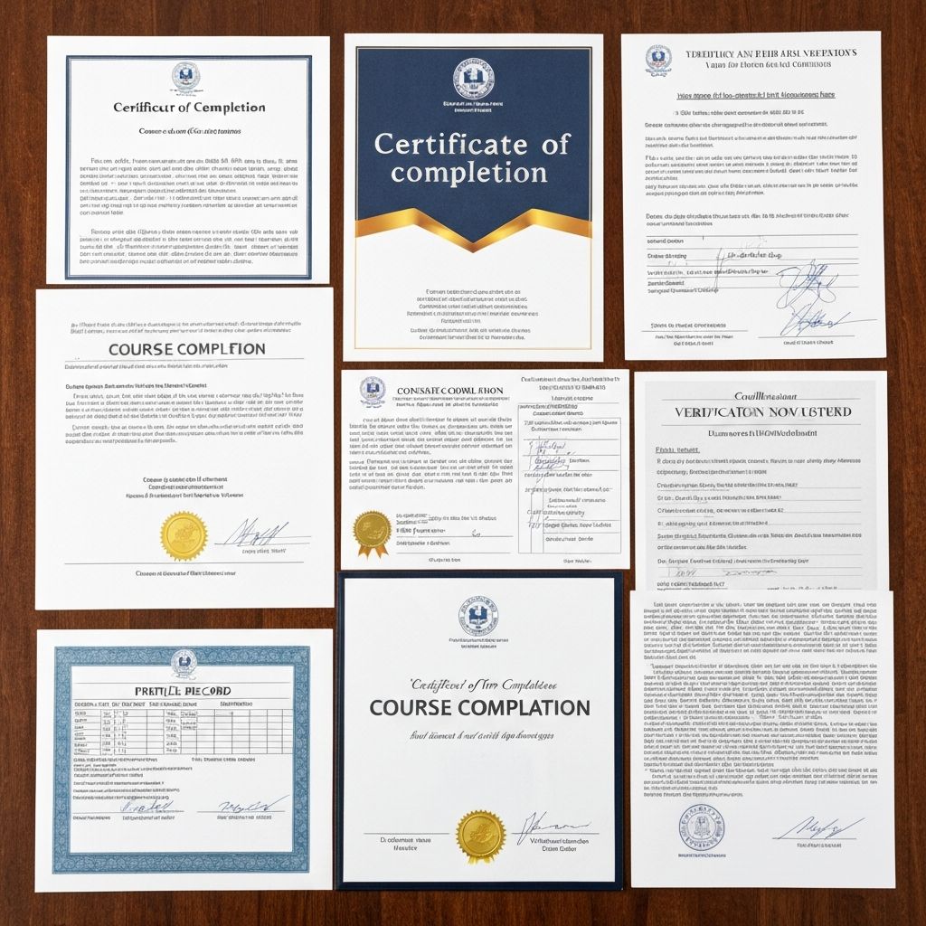 Различные типы документов подтверждения завершения курса на столе